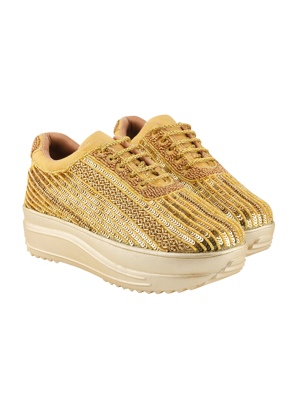 Women’s Wedding Sneakers | Golden Bridal Shoes with Pearls & Lace | Comfortable Flat Sneakers for Brides