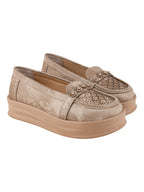 Beige Glitter Platform Loafers with Floral Embellishment For Women & Girls