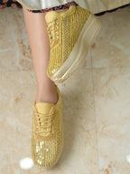 Women’s Wedding Sneakers | Golden Bridal Shoes with Pearls & Lace | Comfortable Flat Sneakers for Brides