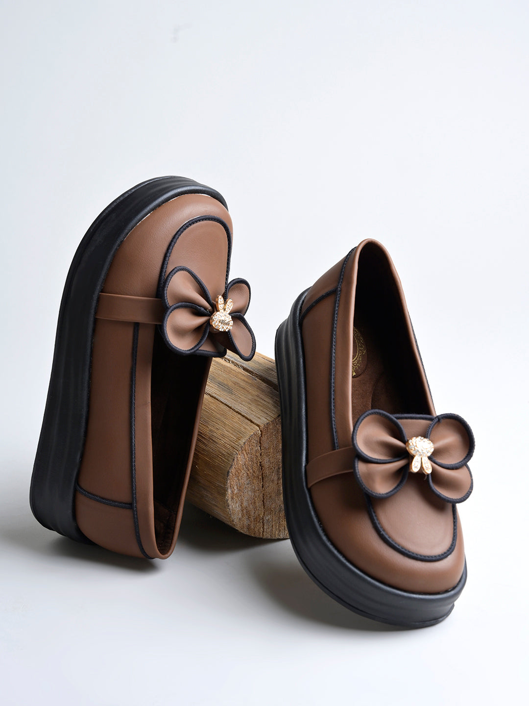 Women’s Slip-On Platform Loafers with Decorative Bow and Crystal Accent