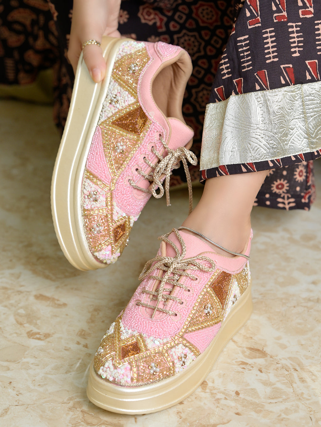 Women’s Wedding Sneakers | Pink Bridal Shoes with Pearls & Lace | Comfortable Flat Sneakers for Brides