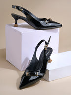 Women's Black Patent Pointed-Toe Slingback Heels with Mary Jane Strap and Gold Buckle Detail