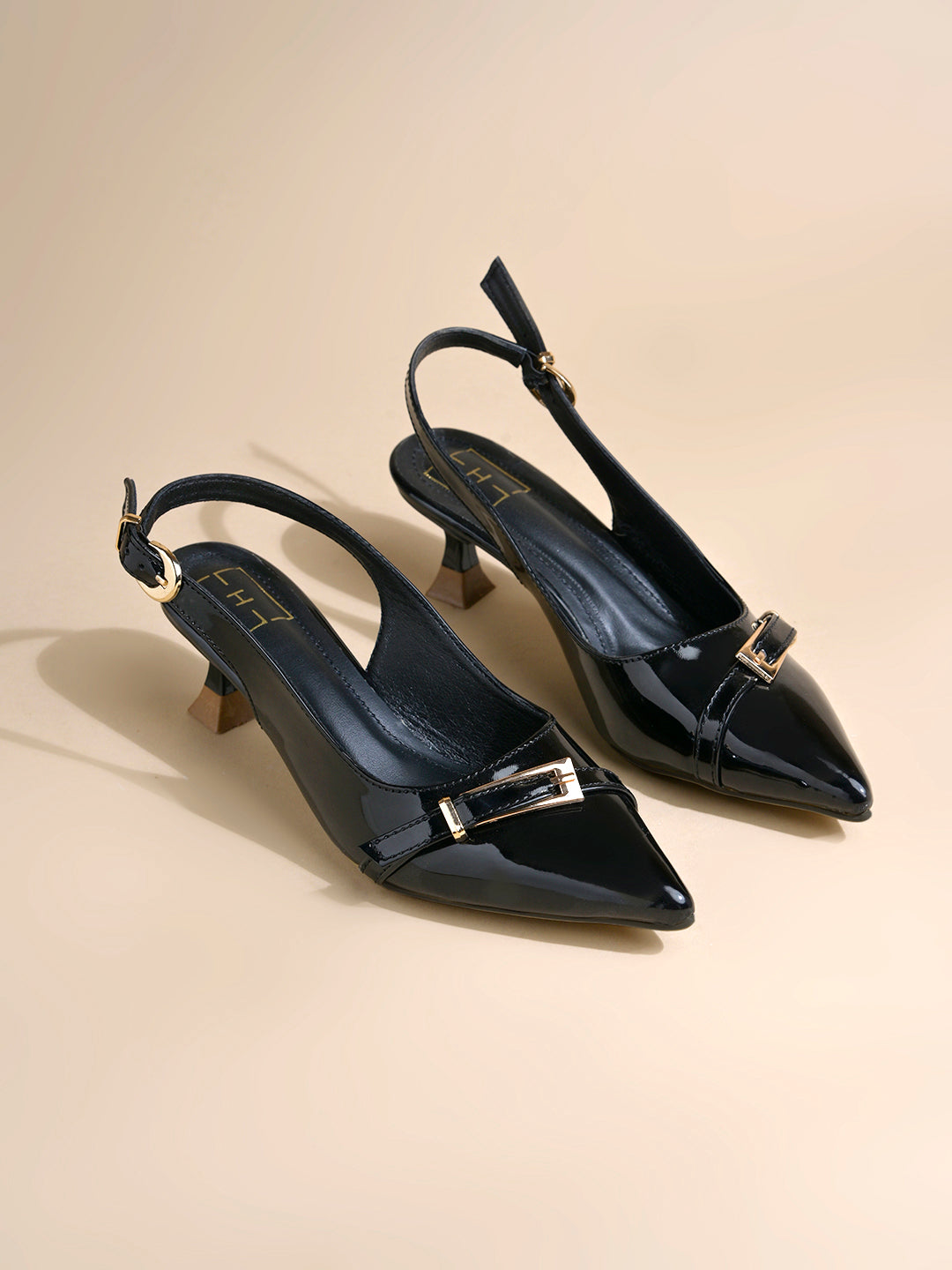 Women's Black Patent Pointed-Toe Slingback Heels with Mary Jane Strap and Gold Buckle Detail