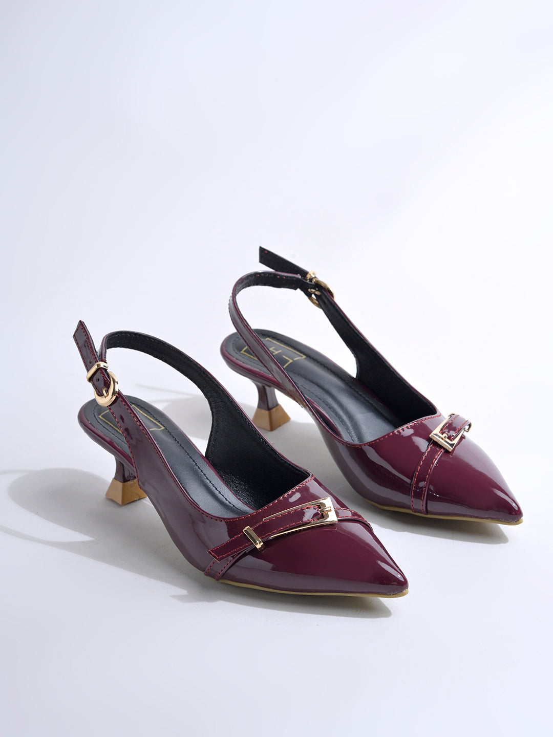 Women's Cherry Patent Pointed-Toe Slingback Heels with Mary Jane Strap and Gold Buckle Detail