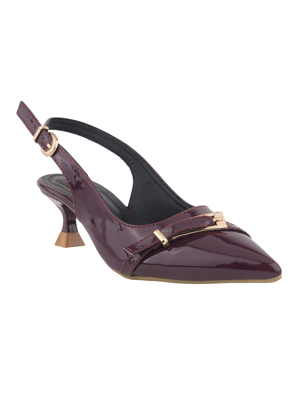 Women's Cherry Patent Pointed-Toe Slingback Heels with Mary Jane Strap and Gold Buckle Detail