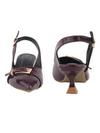 Women's Cherry Patent Pointed-Toe Slingback Heels with Mary Jane Strap and Gold Buckle Detail
