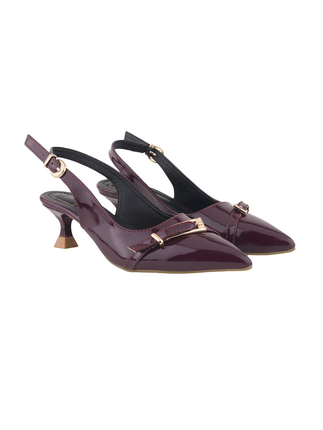 Women's Cherry Patent Pointed-Toe Slingback Heels with Mary Jane Strap and Gold Buckle Detail