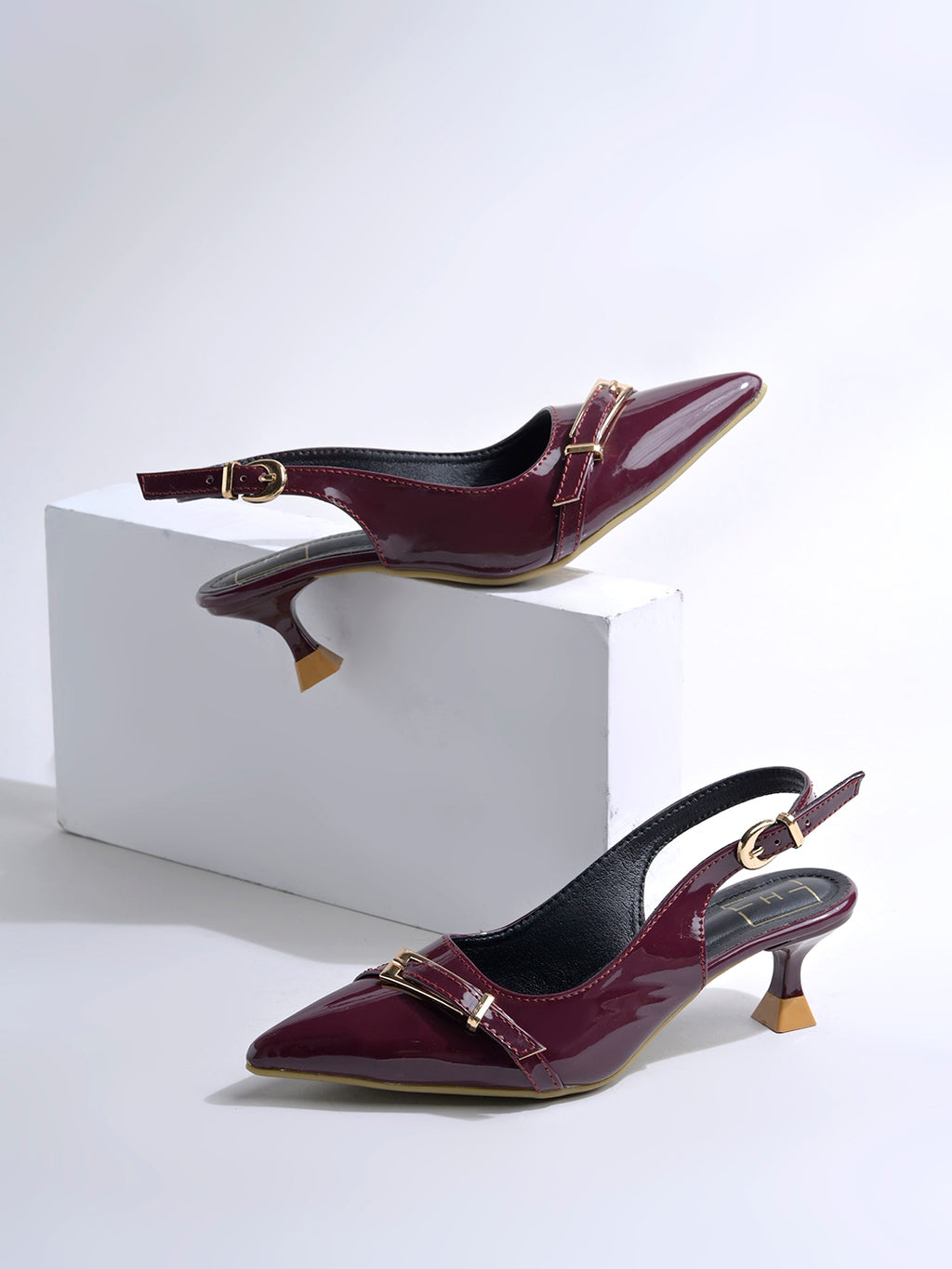 Women's Cherry Patent Pointed-Toe Slingback Heels with Mary Jane Strap and Gold Buckle Detail