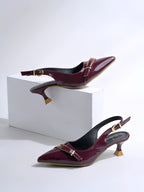 Women's Cherry Patent Pointed-Toe Slingback Heels with Mary Jane Strap and Gold Buckle Detail