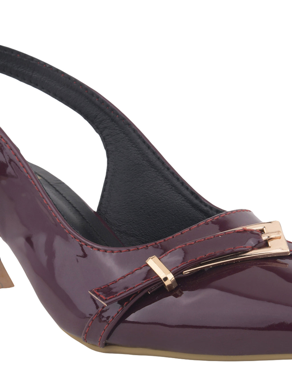Women's Cherry Patent Pointed-Toe Slingback Heels with Mary Jane Strap and Gold Buckle Detail