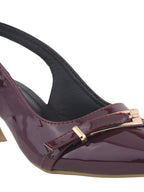 Women's Cherry Patent Pointed-Toe Slingback Heels with Mary Jane Strap and Gold Buckle Detail