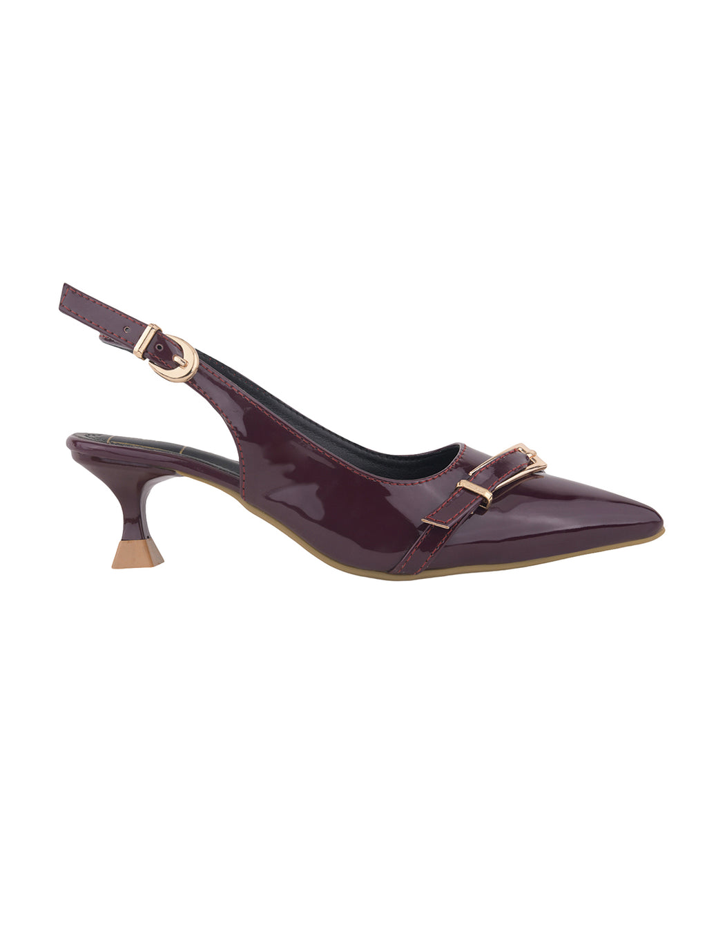Women's Cherry Patent Pointed-Toe Slingback Heels with Mary Jane Strap and Gold Buckle Detail