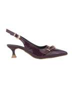 Women's Cherry Patent Pointed-Toe Slingback Heels with Mary Jane Strap and Gold Buckle Detail