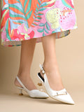 Women's White Patent Pointed-Toe Slingback Heels with Mary Jane Strap and Gold Buckle Detail