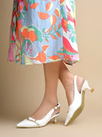 Women's White Patent Pointed-Toe Slingback Heels with Mary Jane Strap and Gold Buckle Detail