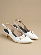 Women's White Patent Pointed-Toe Slingback Heels with Mary Jane Strap and Gold Buckle Detail