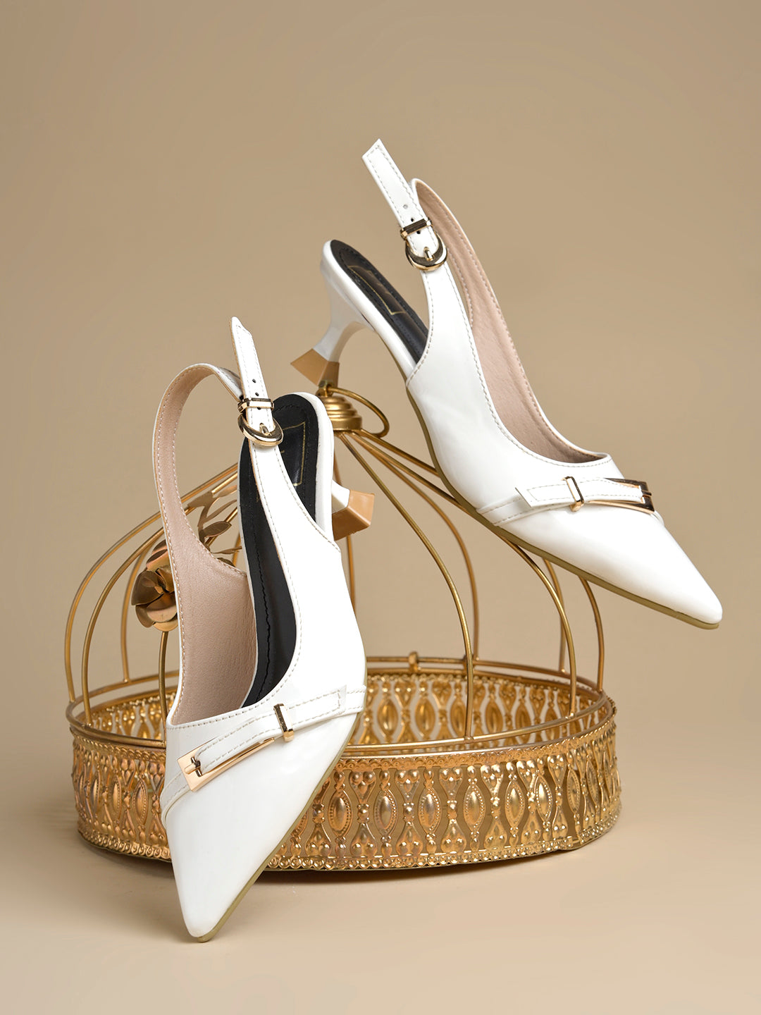Women's White Patent Pointed-Toe Slingback Heels with Mary Jane Strap and Gold Buckle Detail