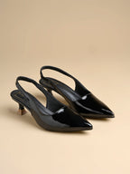 Women's Black Patent Pointed-Toe Slingback Heels with Mary Jane Strap