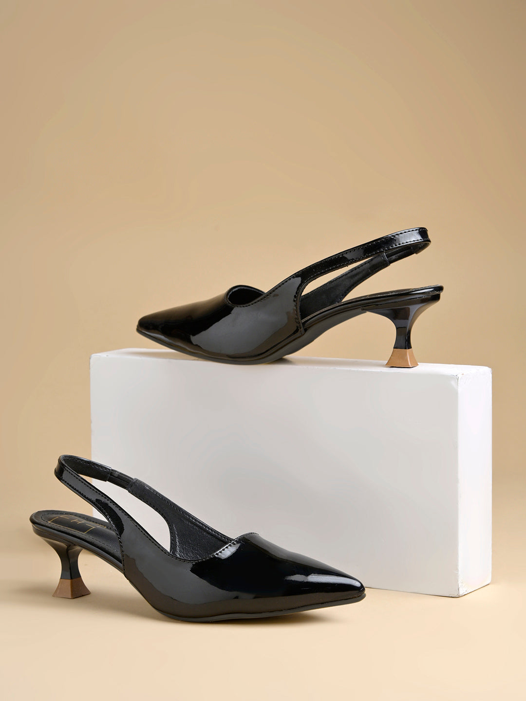 Women's Black Patent Pointed-Toe Slingback Heels with Mary Jane Strap