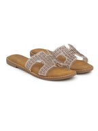 Women’s Rose Gold Rhinestone Slip-On Flat Sandals – Elegant Sparkle Summer Flats