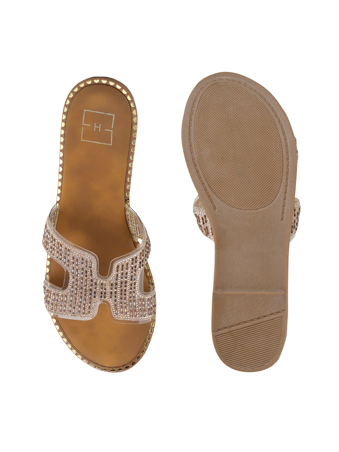Women’s Rose Gold Rhinestone Slip-On Flat Sandals – Elegant Sparkle Summer Flats