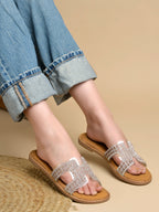 Women’s Silver Rhinestone Slip-On Flat Sandals – Elegant Sparkle Summer Flats