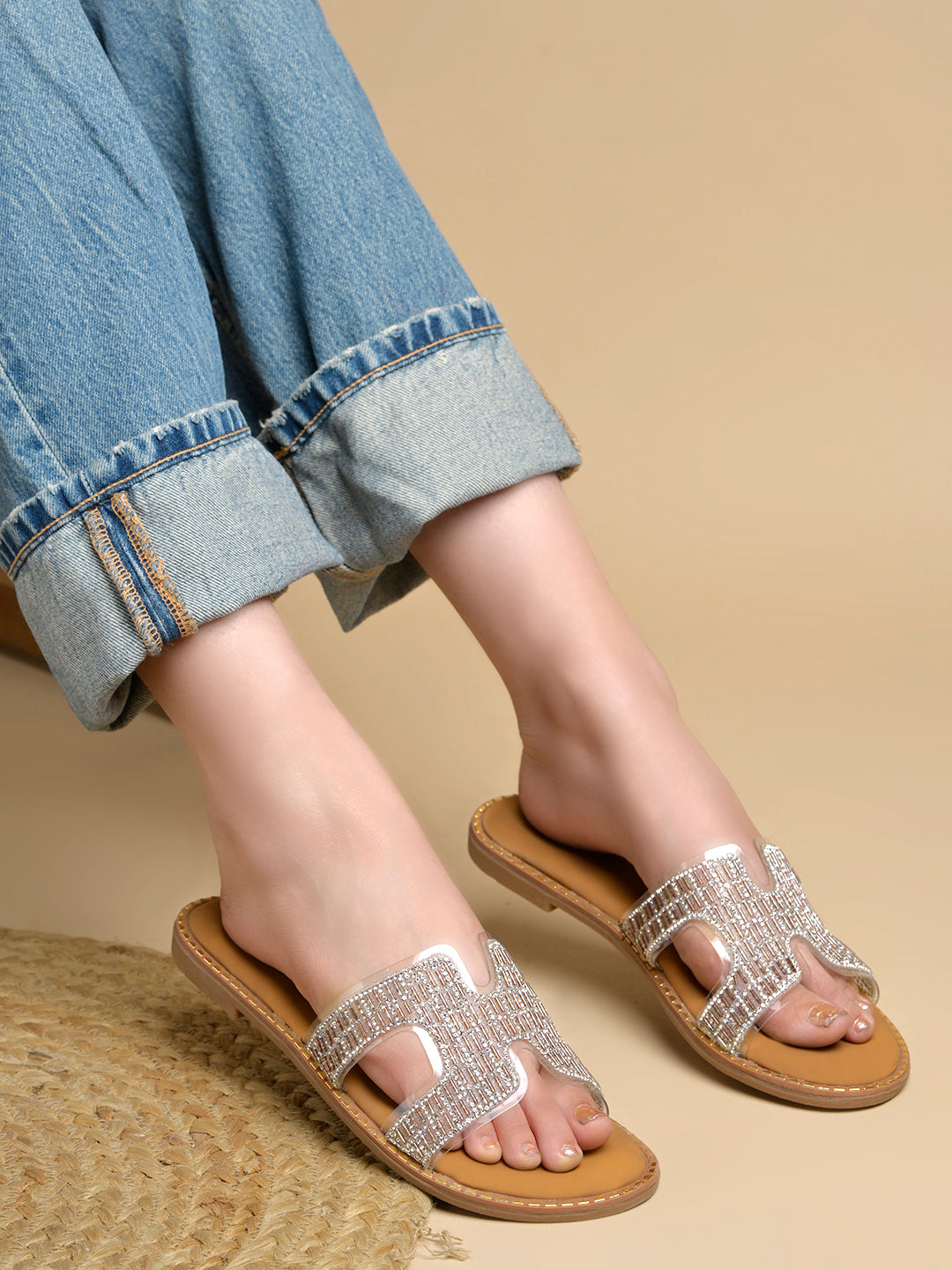 Women’s Silver Rhinestone Slip-On Flat Sandals – Elegant Sparkle Summer Flats