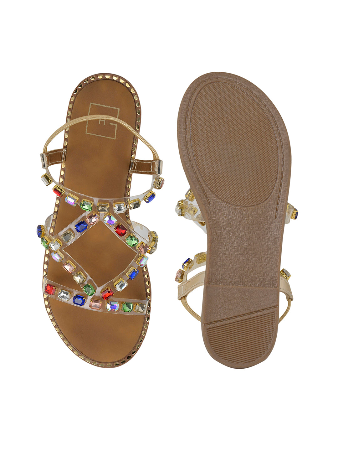 Women’s Luxury Multicolor Rhinestone Transparent Strap Flat Sandals – Summer Gladiator Style