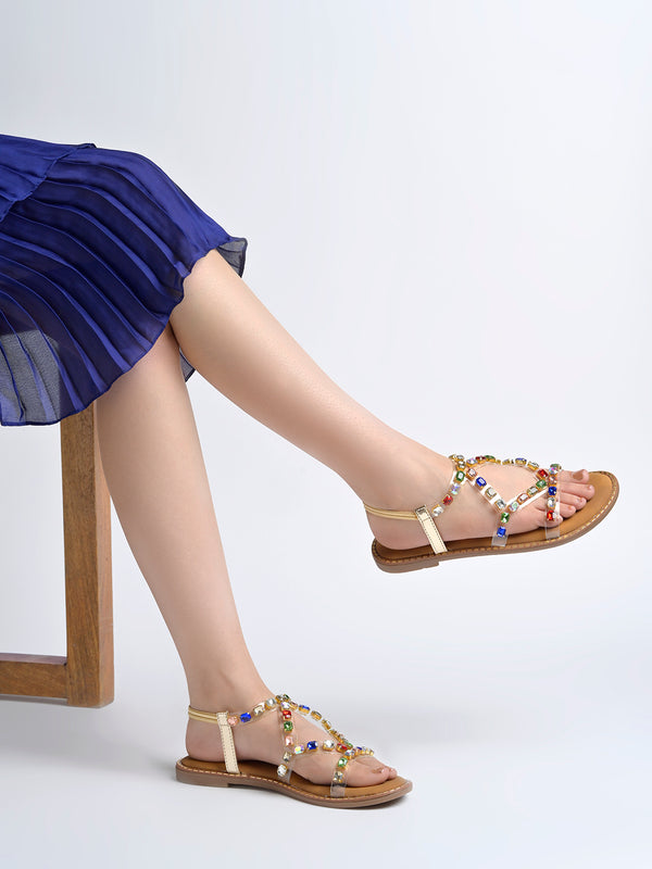 Women’s Luxury Multicolor Rhinestone Transparent Strap Flat Sandals – Summer Gladiator Style