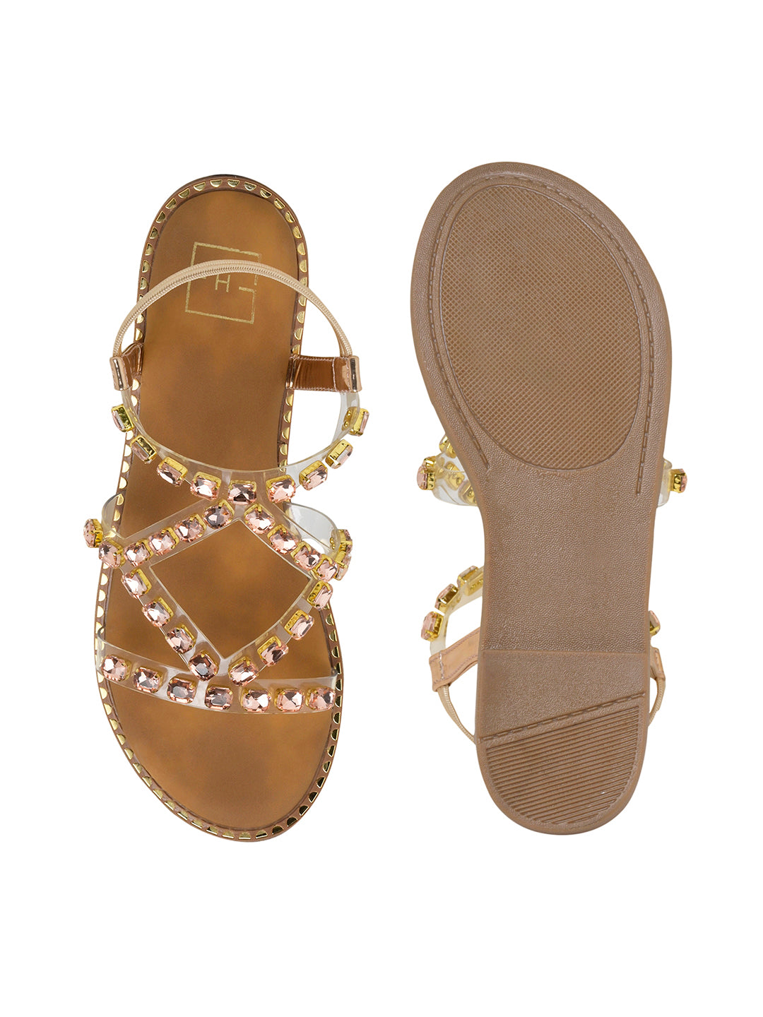 Women’s Luxury Rose-Gold Rhinestone Transparent Strap Flat Sandals – Summer Gladiator Style