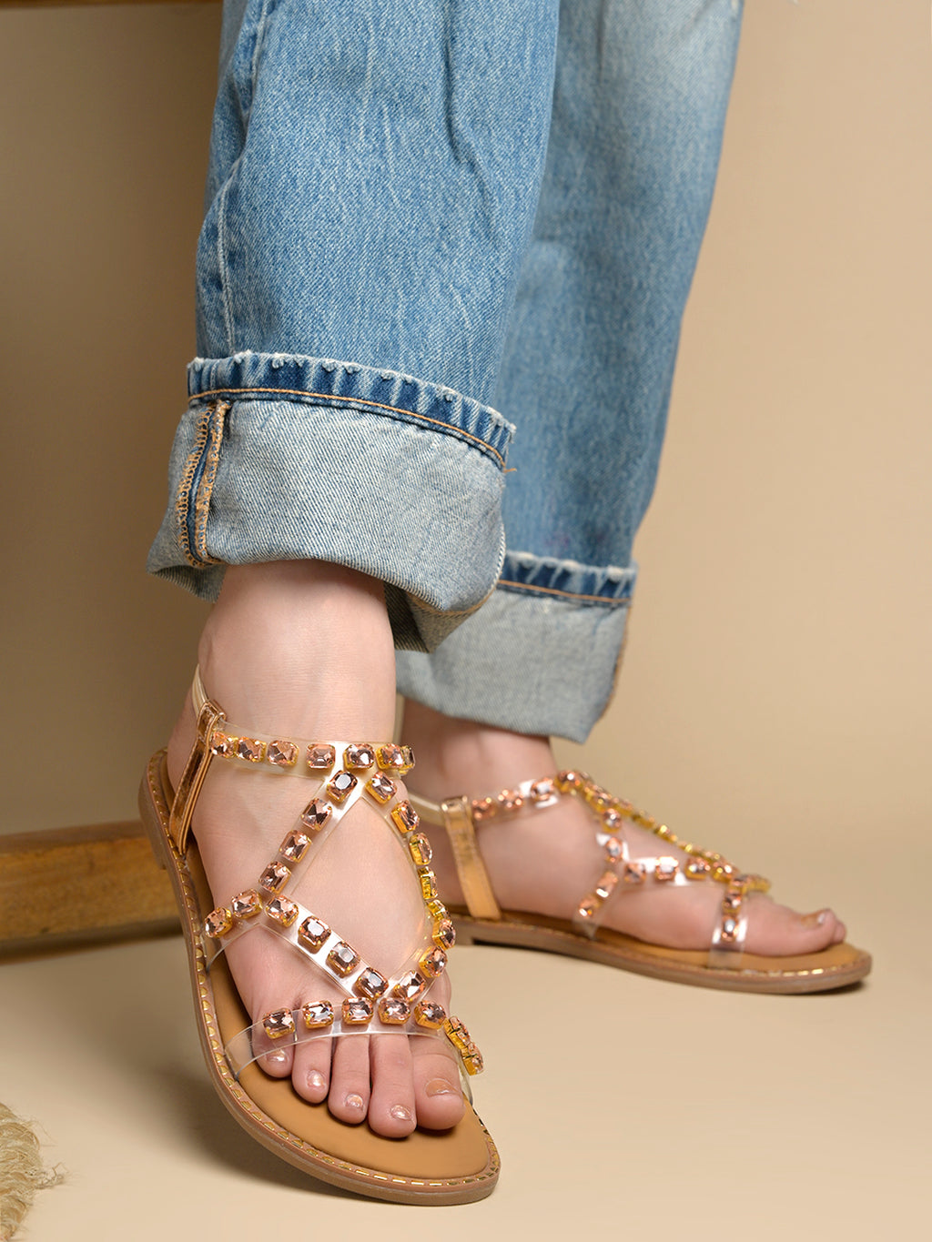 Women’s Luxury Rose-Gold Rhinestone Transparent Strap Flat Sandals – Summer Gladiator Style