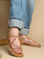 Women’s Luxury Rose-Gold Rhinestone Transparent Strap Flat Sandals – Summer Gladiator Style