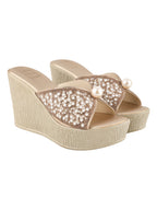 Regal Pearl & Crystal Embellished Platform Wedge Sandals For Women & Girls