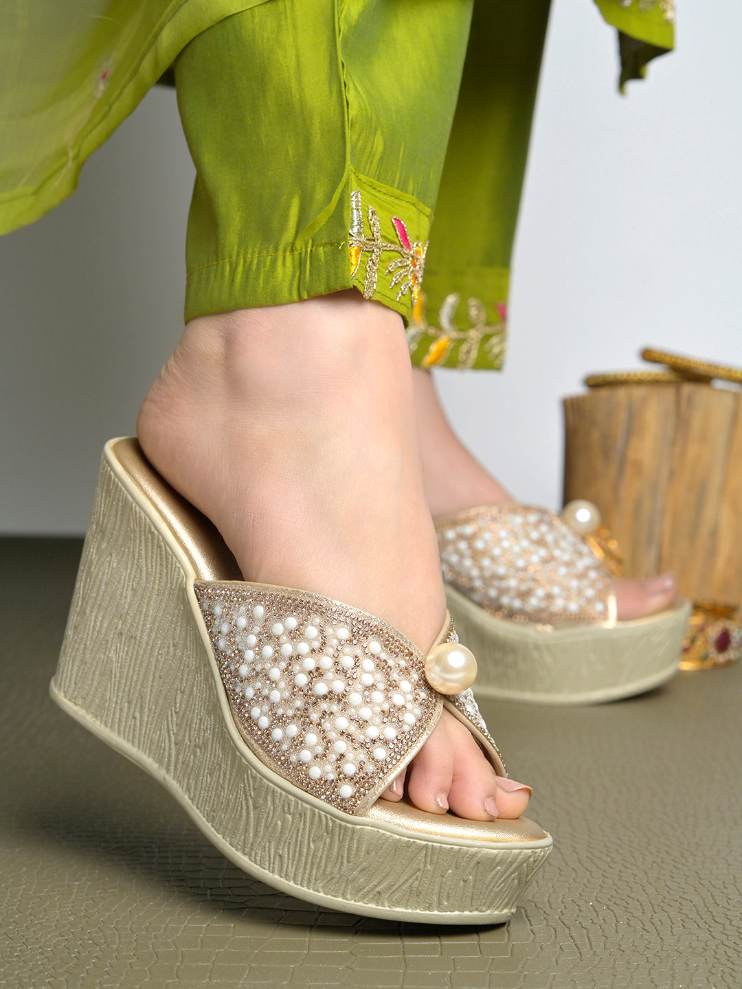 Regal Pearl & Crystal Embellished Platform Wedge Sandals For Women & Girls