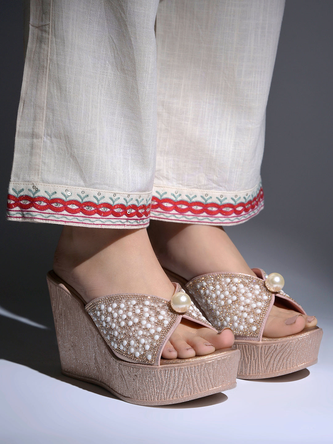 Pearlescent Glamour Embellished Platform Wedges For Women & Girls
