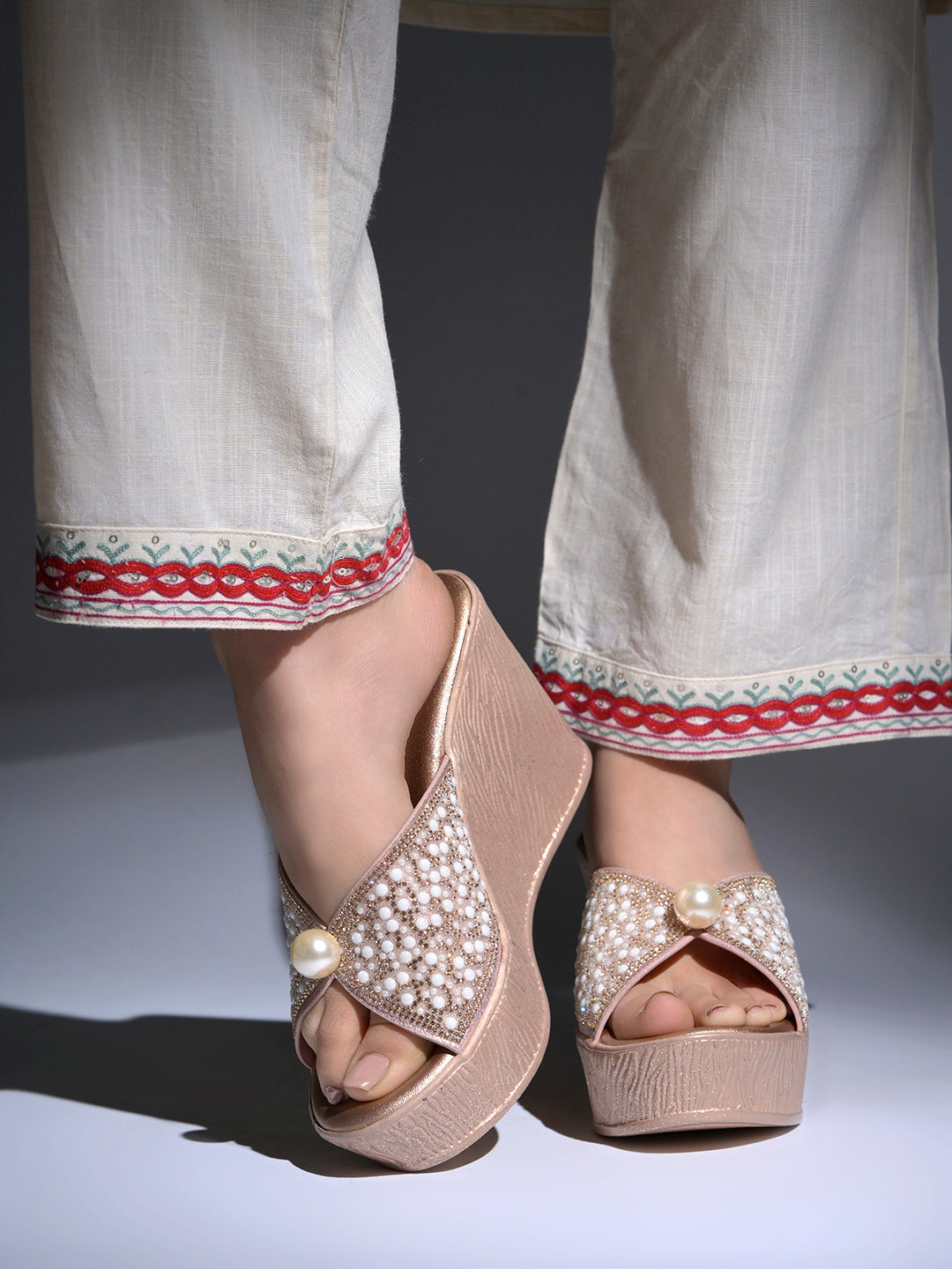 Pearlescent Glamour Embellished Platform Wedges For Women & Girls