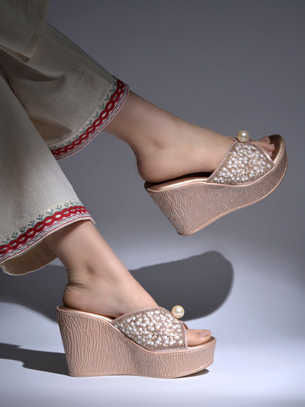 Pearlescent Glamour Embellished Platform Wedges For Women & Girls