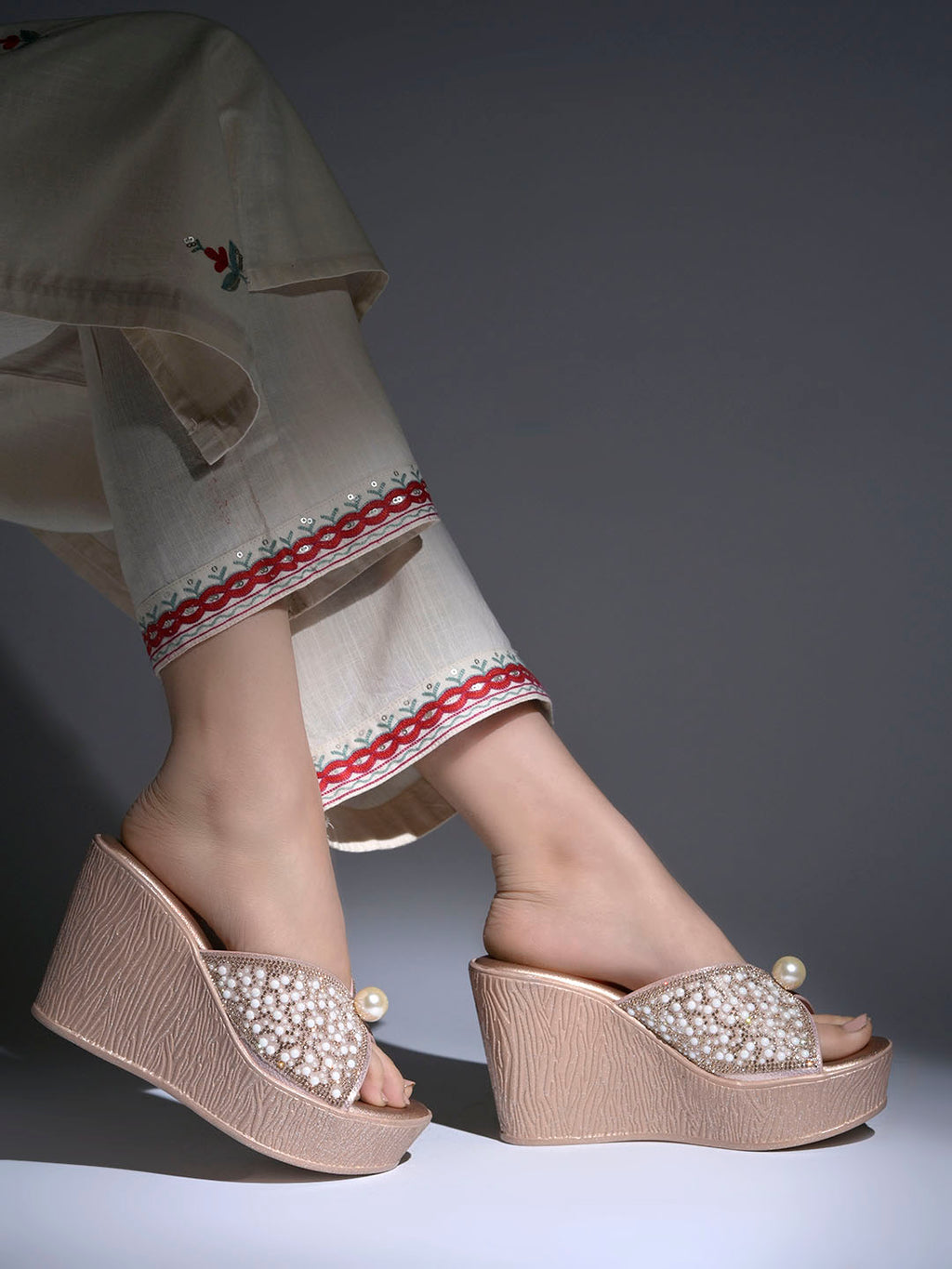 Pearlescent Glamour Embellished Platform Wedges For Women & Girls