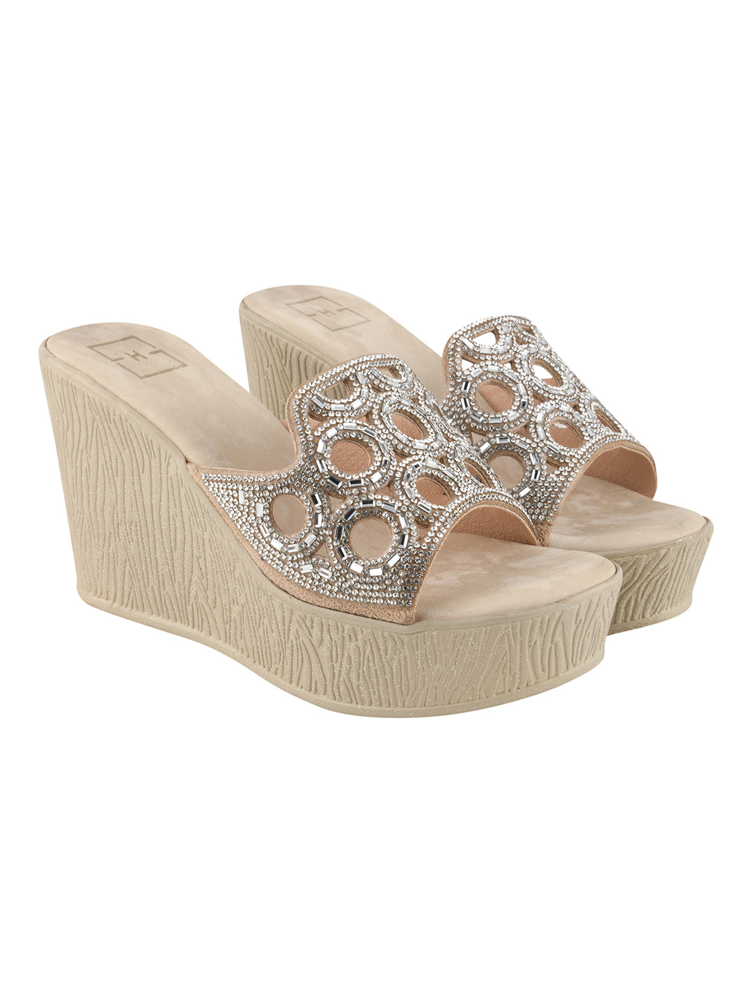 Elegant Shimmer Embellished Wedge Sandals – Champagne Golden For Women & Girls