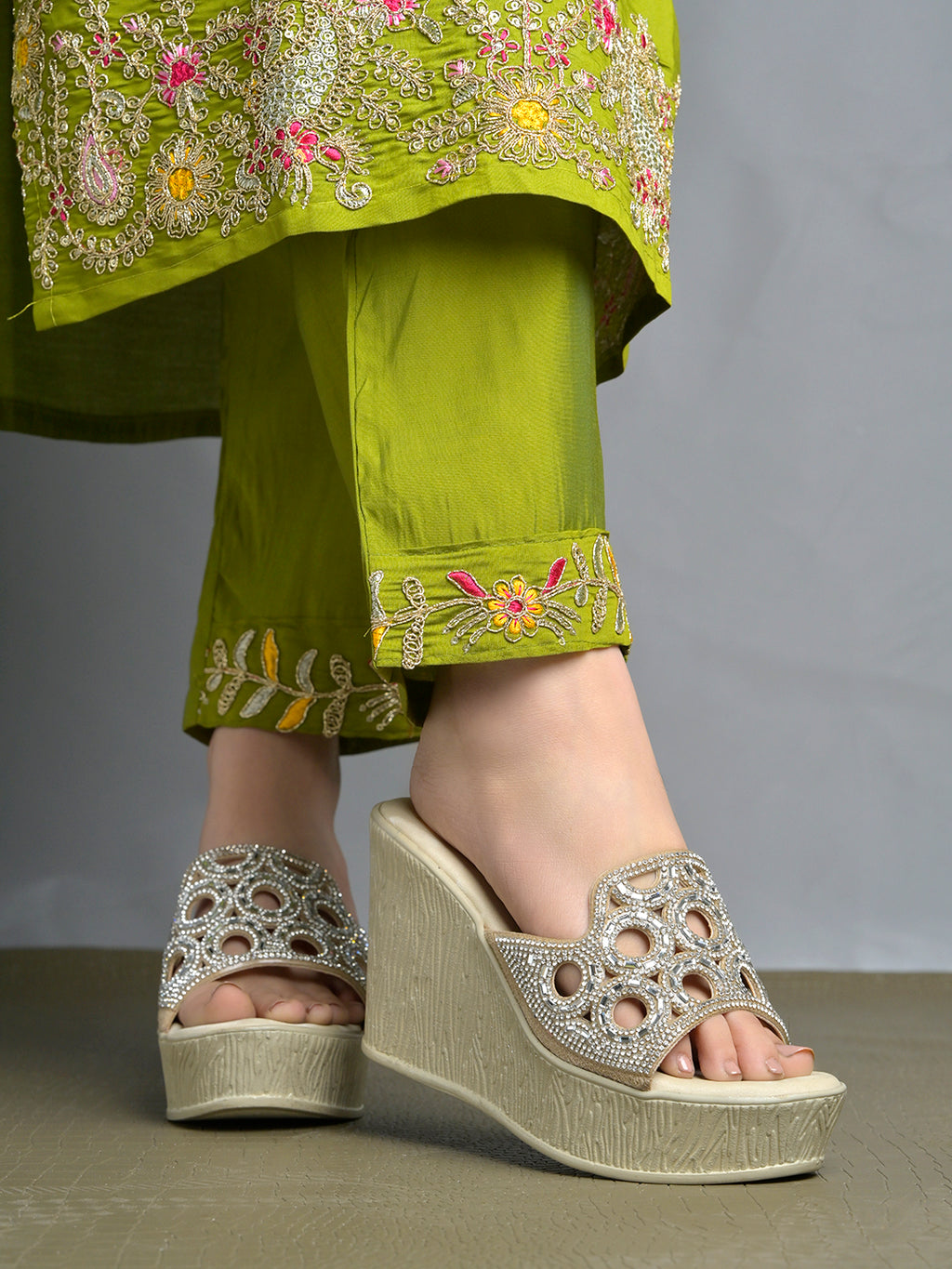 Elegant Shimmer Embellished Wedge Sandals – Champagne Golden For Women & Girls