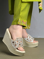 Elegant Shimmer Embellished Wedge Sandals – Champagne Golden For Women & Girls