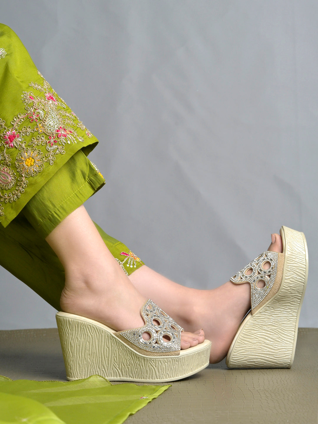 Elegant Shimmer Embellished Wedge Sandals – Champagne Golden For Women & Girls