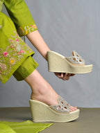 Elegant Shimmer Embellished Wedge Sandals – Champagne Golden For Women & Girls