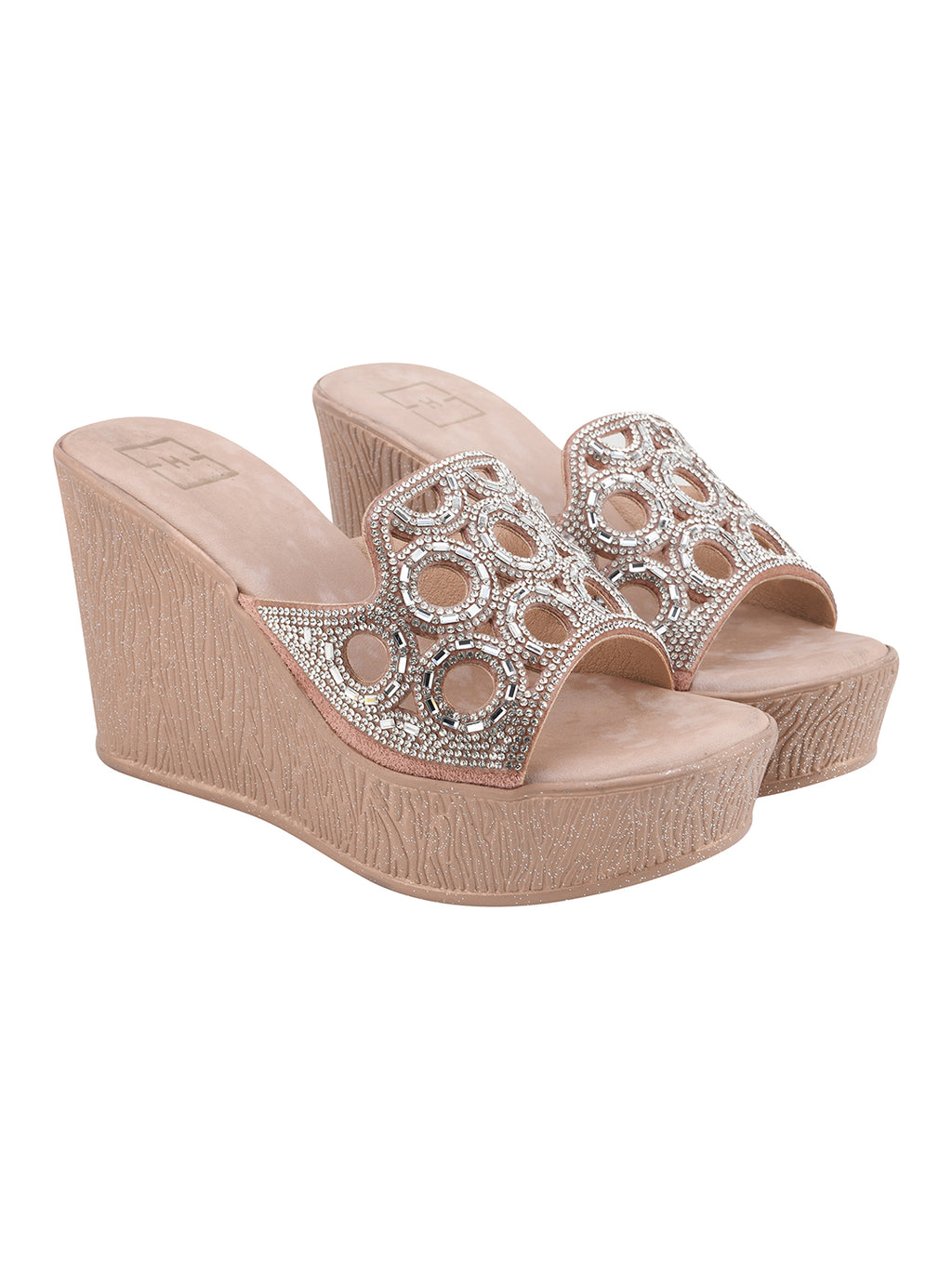 Elegant Shimmer Embellished Wedge Sandals – Champagne Rose-Gold For Women & Girls