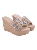 Elegant Shimmer Embellished Wedge Sandals – Champagne Rose-Gold For Women & Girls