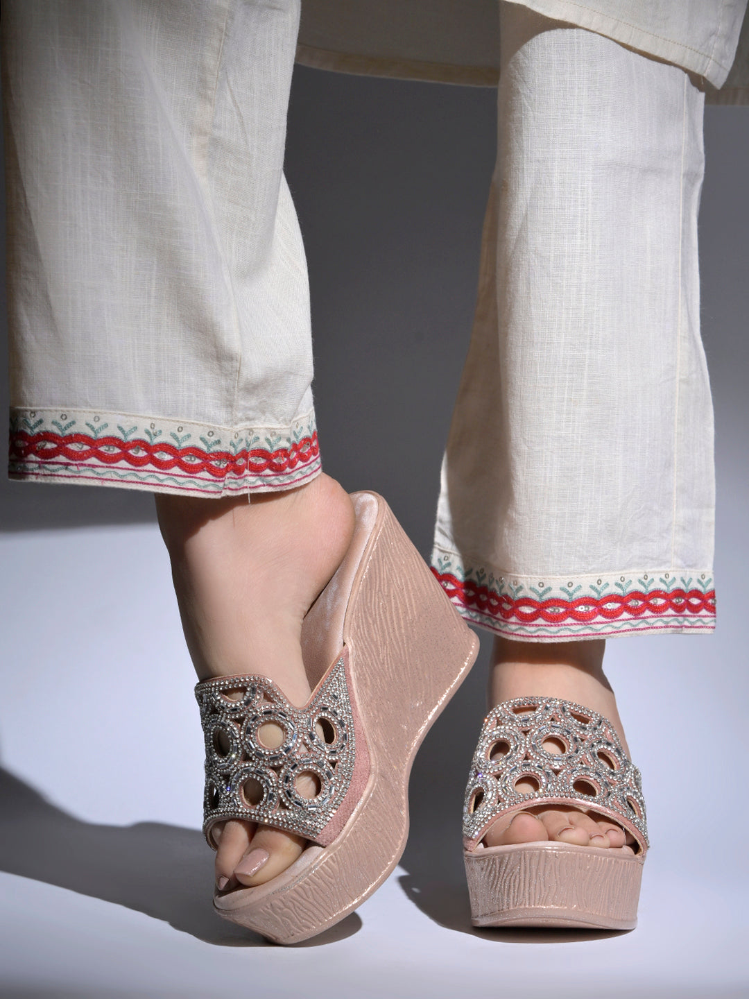 Elegant Shimmer Embellished Wedge Sandals – Champagne Rose-Gold For Women & Girls