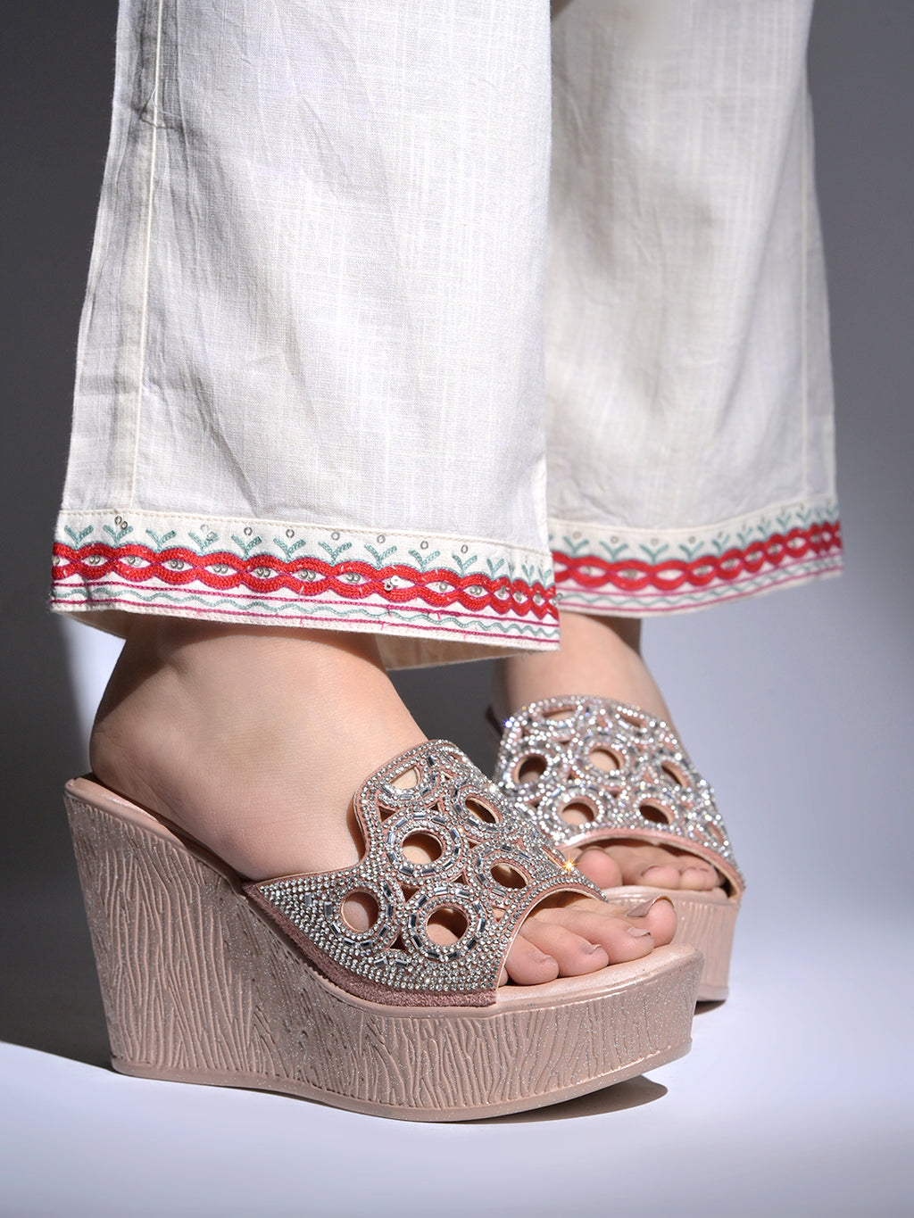 Elegant Shimmer Embellished Wedge Sandals – Champagne Rose-Gold For Women & Girls