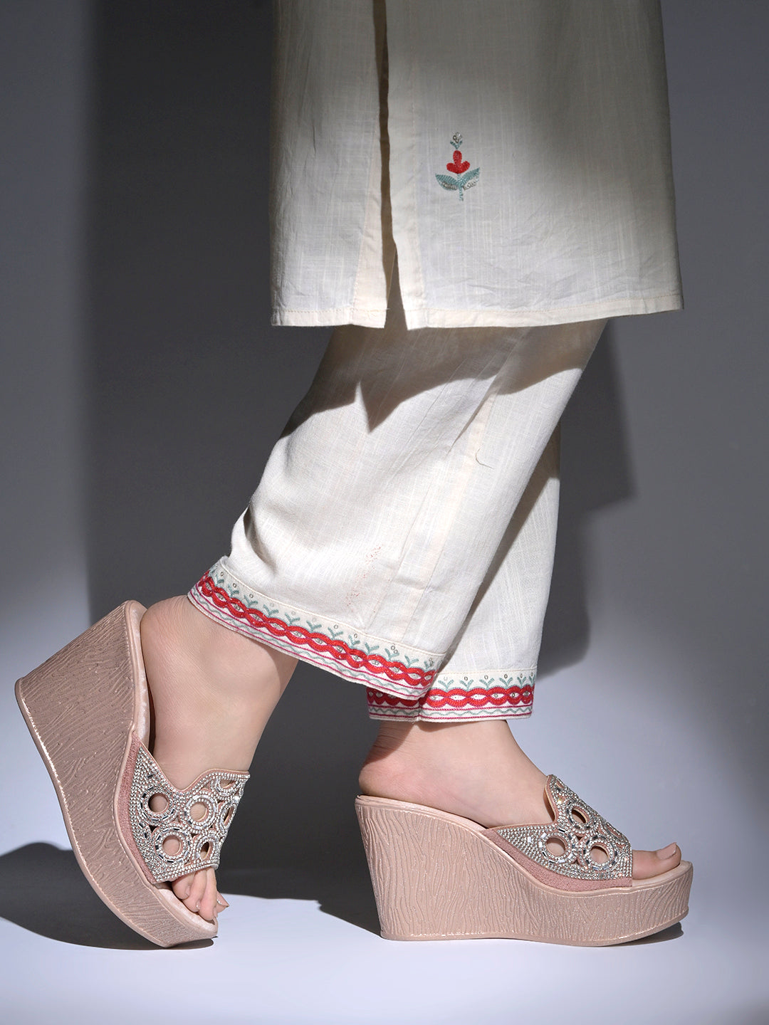 Elegant Shimmer Embellished Wedge Sandals – Champagne Rose-Gold For Women & Girls