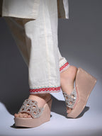 Elegant Shimmer Embellished Wedge Sandals – Champagne Rose-Gold For Women & Girls