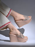 Elegant Shimmer Embellished Wedge Sandals – Champagne Rose-Gold For Women & Girls